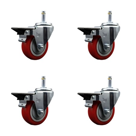 Service Caster 3.5'' Red Poly Swivel 7/16'' Grip Ring Stem Caster Set with Brake, 4PK SCC-GR20S3514-PPUB-RED-PLB-716138-4